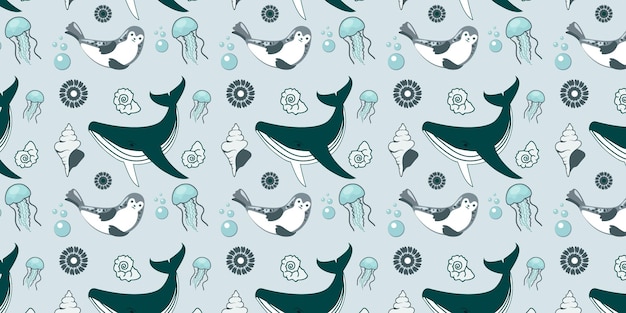 zeepatroon, walvis en gewone zeehond, schelp en kwal, kinderbehang