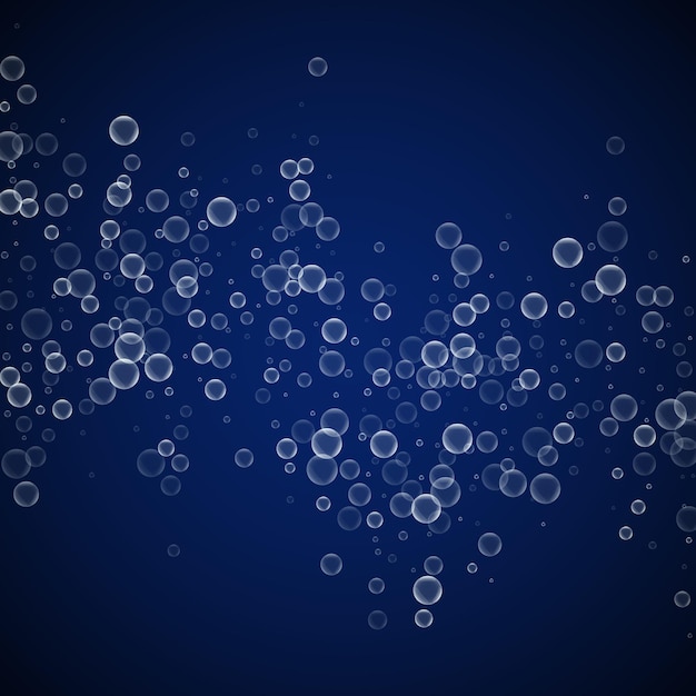 Zeepbellen abstracte achtergrond. Bellen blazen op donkerblauwe nacht achtergrond. Adembenemende overlay-sjabloon van zeepachtig schuim. Stijlvolle vectorillustratie.
