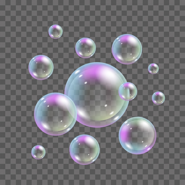 Zeepbellen met regenboogkleuren op transparante achtergrond. 3d realistische vliegende geplaatste schuimbellen - illustratie
