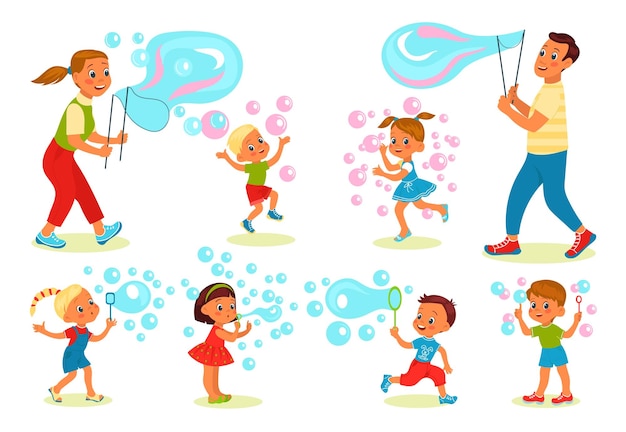 Zeepbellen show Gelukkige kinderen en ouders blazen schuimballen Leuke jongens en meisjes activiteiten Volwassenen en kinderen spelen Cartoon mensen personages Zeepballonnen Vector vrolijke personen set