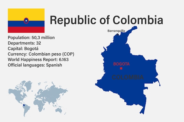 Vector zeer gedetailleerde kaart van colombia met vlaggenhoofdstad en kleine wereldkaart