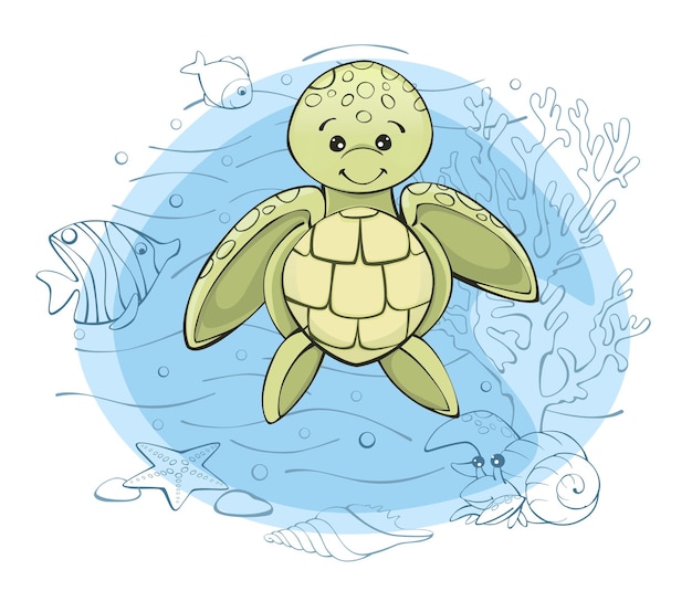 Vector zeeschildpad vis kreeft planten schelpen vector illustratie in cartoon stijl