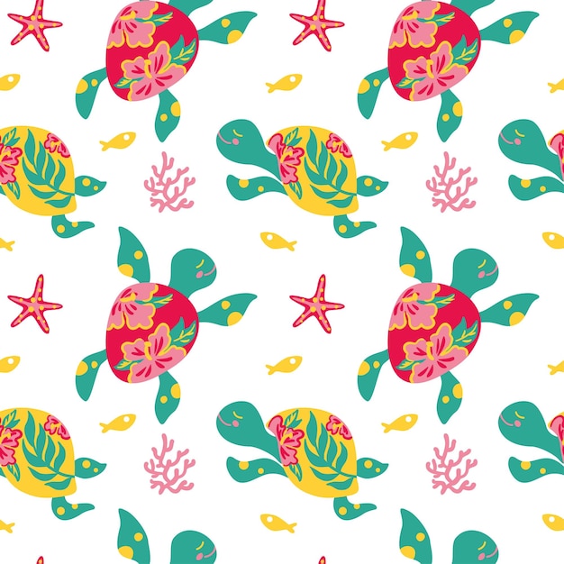 Zeeschildpadden Zeeleven Kinderillustratie Naadloos patroon voor het inpakken van textiel