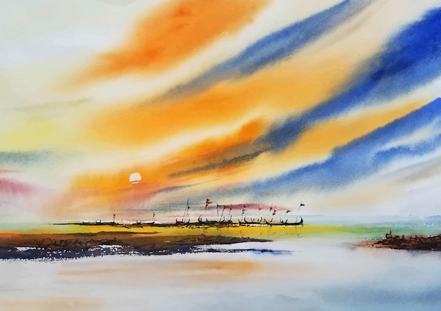 Zeestrand met kleurrijke ochtend aquarelverf