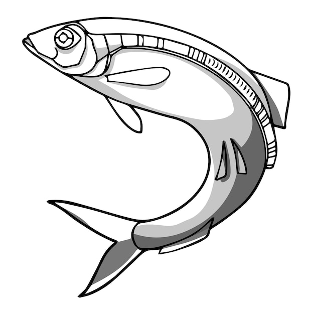 Zeevis in grijstinten vectortekening met de hand gemaakt in één regel voor kleurboeken