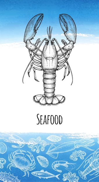 Zeevruchten menu ontwerpsjabloon Ink schets van kreeft Schaaldieren en weekdieren Aquarel achtergrond