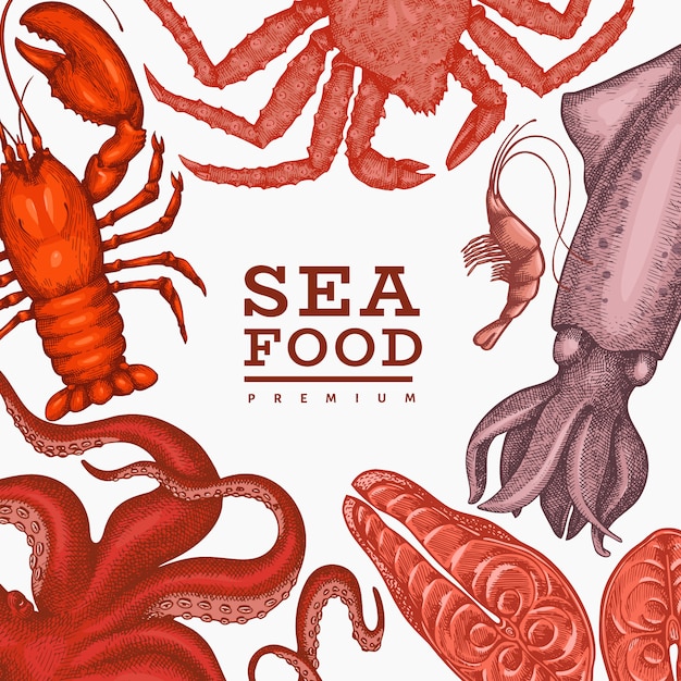 Zeevruchten sjabloon. hand getekend zeevruchten illustratie. gegraveerde stijl voedselbanner. retro zeedieren achtergrond