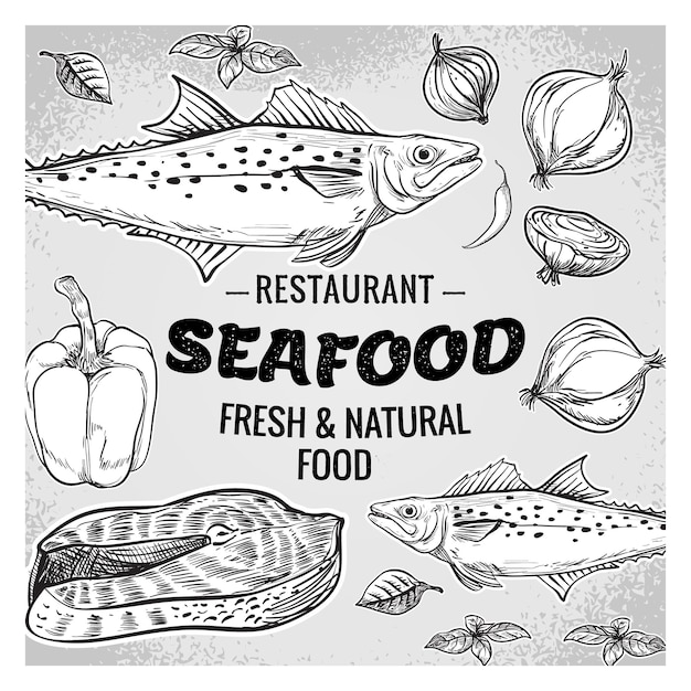Zeevruchten vis, ui geïsoleerde grafische zwarte inkt op een witte achtergrond een set. Vintage gravure vector