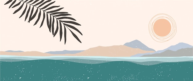 Zeewaterlandschap webbanner strand kust met bergen zon en palmblad turquoise water plat illustratie buiten vakantie drukbaar ontwerp