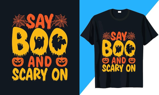 Zeg boo en eng op halloween t-shirt ontwerp vector