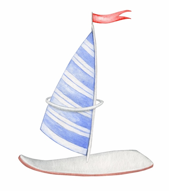 Zeilboot aquarel object in cartoon stijl op een geïsoleerde achtergrond