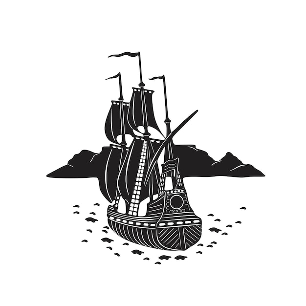 Vector zeilboot en strand logo handgemaakte silhouet