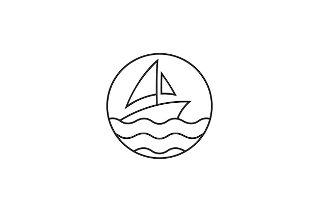 Zeilboot lijnstijl logo in de zee met cirkelvorm