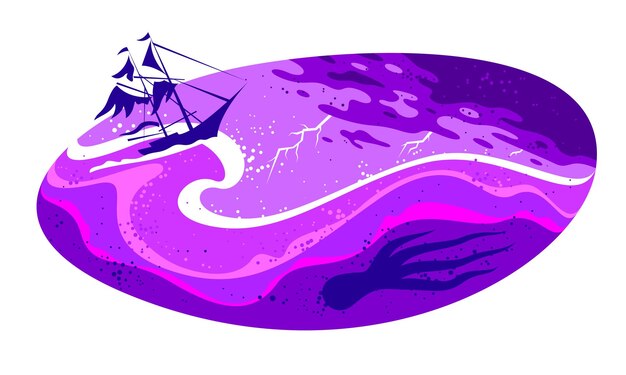 Vector zeilboot op enorme golven van storm vector illustratie geïsoleerde mariene oceaan reis avontuur oude tijden