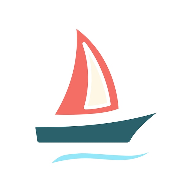 Zeilboot set icoon Tan boot rode en groene zeilen blauwe golven maritieme zeilen nautische reizen avontuur recreatie watersport
