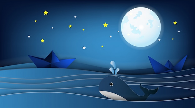 Zeilboten op het oceaanlandschap met walvis.