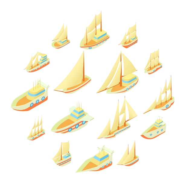 Zeilschip iconen set, cartoon stijl