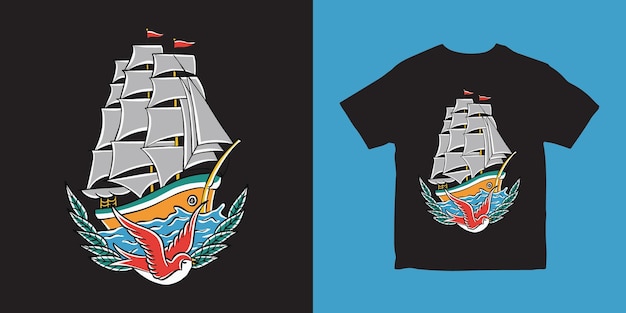 Vector zeilschip vogel vintage illustratie tshirt design