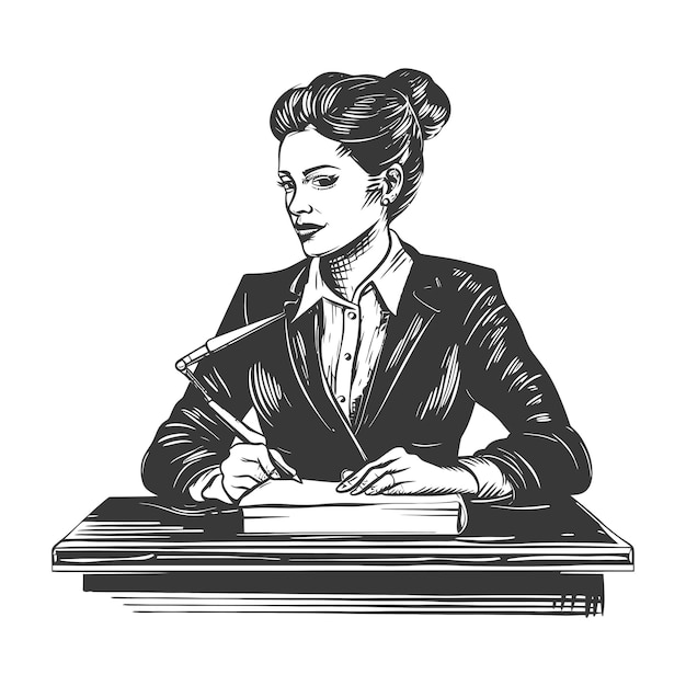 Zekerzinnige zakenvrouw zit aan haar bureau en schrijft in een notitieboek
