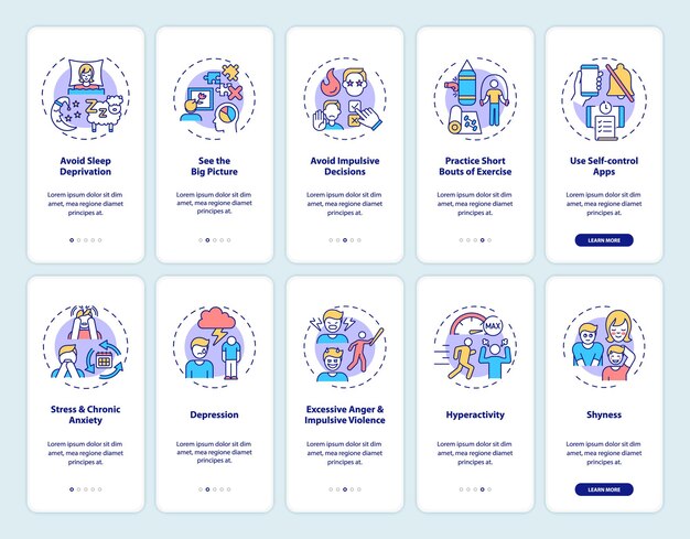 Zelfcontrole onboarding mobiele app paginascherm met concepten set