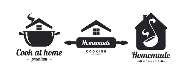 Zelfgemaakte koken logo's set. keuken zinnen. Thuis koken, met liefde gekookt. Vector
