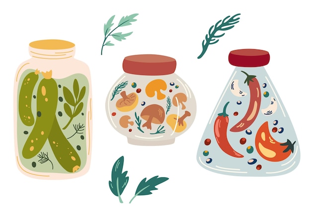 Zelfgemaakte potten van het bewaren van groenten. set glazen potten met geconserveerde groenten, augurken, komkommers, champignons en paprika's. gefermenteerde groenten. biologisch product. vector illustratie