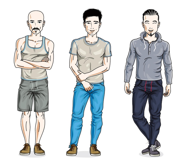 Vector zelfverzekerde knappe mannen groeperen zich in stijlvolle sportkleding. vector mensen illustraties ingesteld. lifestyle thema mannelijke karakters.