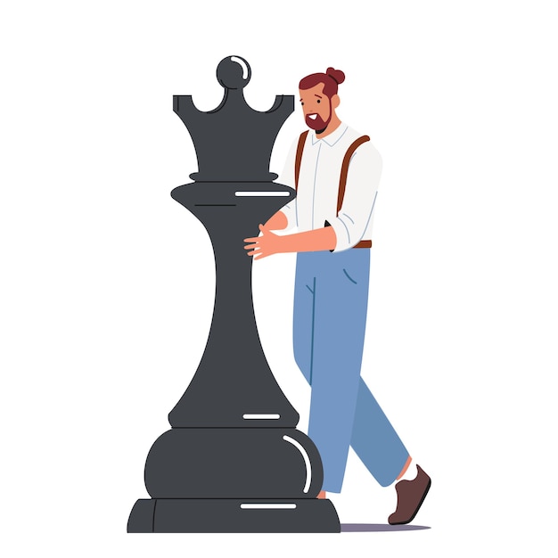 Zelfverzekerde man met spijkerbroek op bretels verplaatsen black chess queen piece zakelijk succes geïsoleerd op witte achtergrond