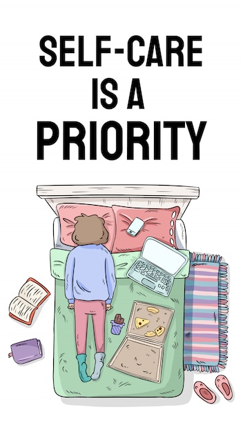 Zelfzorg is een prioriteit. laad je innerlijke batterij op. motiverende cartoon verticale banner voor sociale media en verhalen. meisje dat op het bed uitstelt. knoei thuis