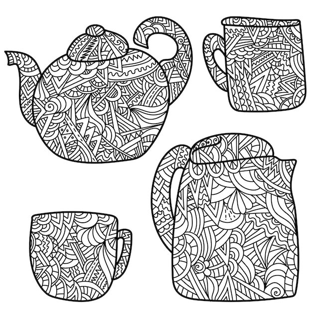 Zen teapots and cups ornate crockery set for coloring page or decor