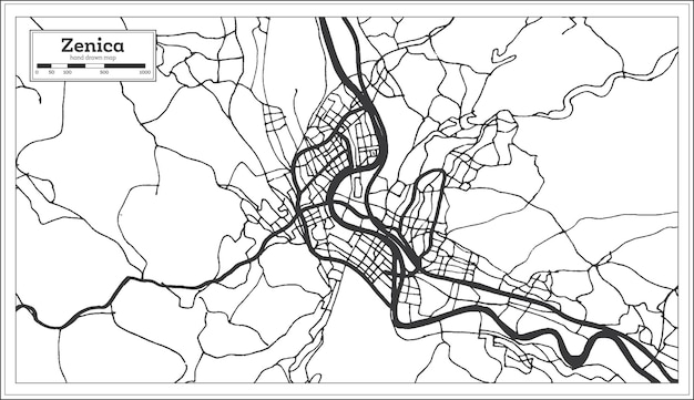白で隔離レトロなスタイルで黒と白の色で zenica ボスニア ・ ヘルツェゴビナ都市マップ
