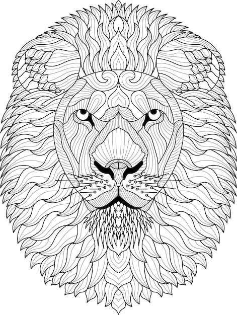 Zentangle black and white hand drawn lion coloring page illustration
