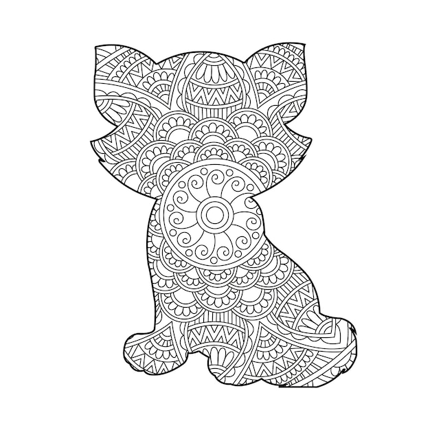 Zentangle cat mandala coloring page for adults christmas cat floral animal antistress coloring book
