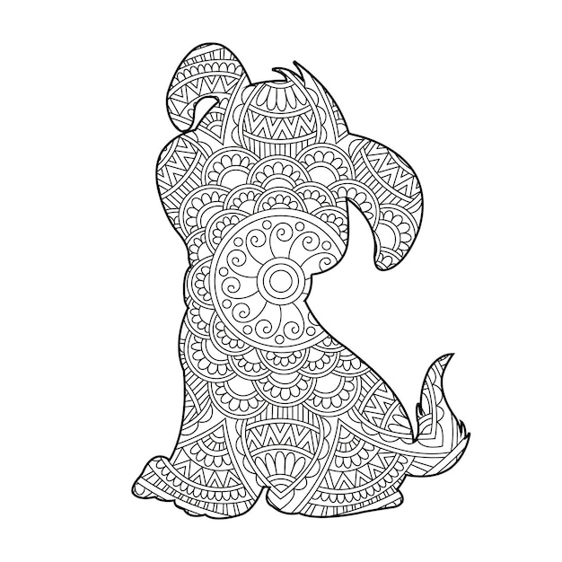Zentangle dog mandala coloring page for adults christmas dog and floral animal coloring book