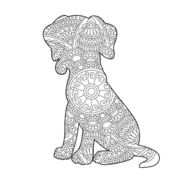 Vector zentangle dog mandala coloring page for adults christmas dog and floral animal coloring book