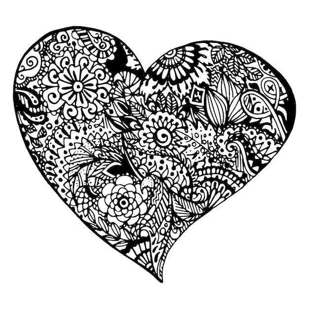 Zentangle doodle black heart ink hand drawn vector isolated