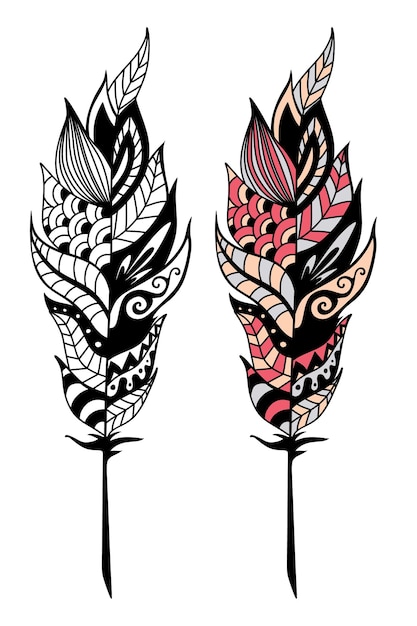 Zentangle feather on a white background vintage tribal feathers
