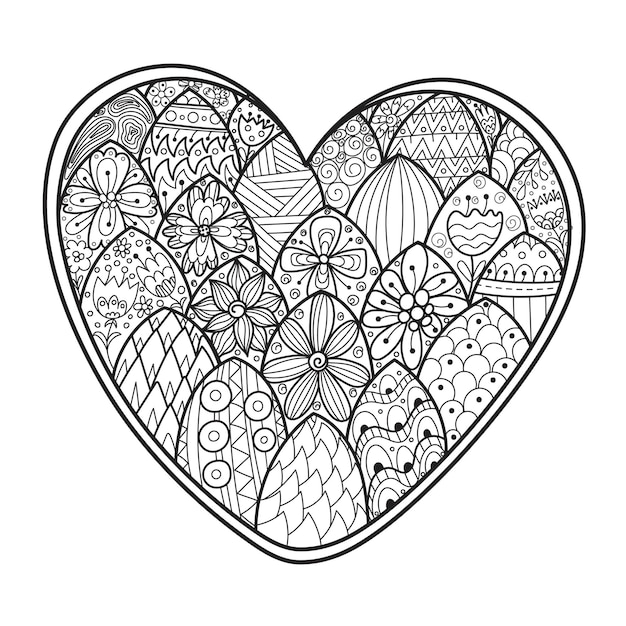 Страница раскраски Zentangle с цветочным сердцем Черно-белый любовный узор для антистрессовой раскраски