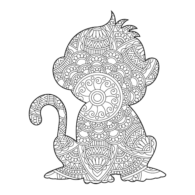 성인을 위한 Zentangle 원숭이 만다라 색칠 페이지 동물 색칠 공부 안티 스트레스 색칠 공부 페이지