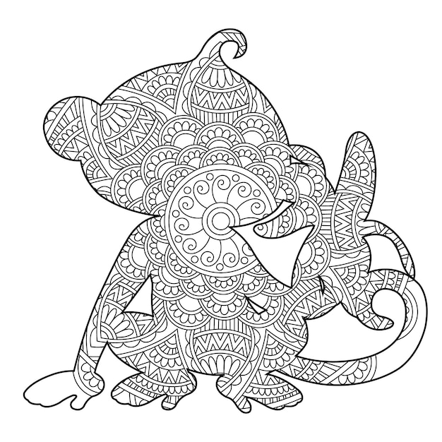 성인을 위한 Zentangle 원숭이 만다라 색칠 페이지 동물 색칠 공부 안티 스트레스 색칠 공부 페이지