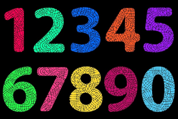 Vector zentangle numbers set collection of colorful numbers with zentangle elements