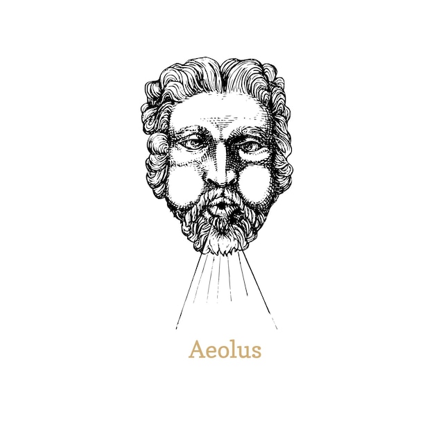 Zephyrus, 조각 스타일로 그려진 서쪽 바람 손. 신화적인 신의 벡터 복고풍 그래픽 그림입니다.