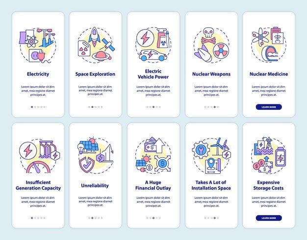 zero-emission clean energy onboarding mobile app page screen set. nuclear power walkthrough 5 steps graphic instructions with concepts. ui, ux, gui vector template with linear color illustrations