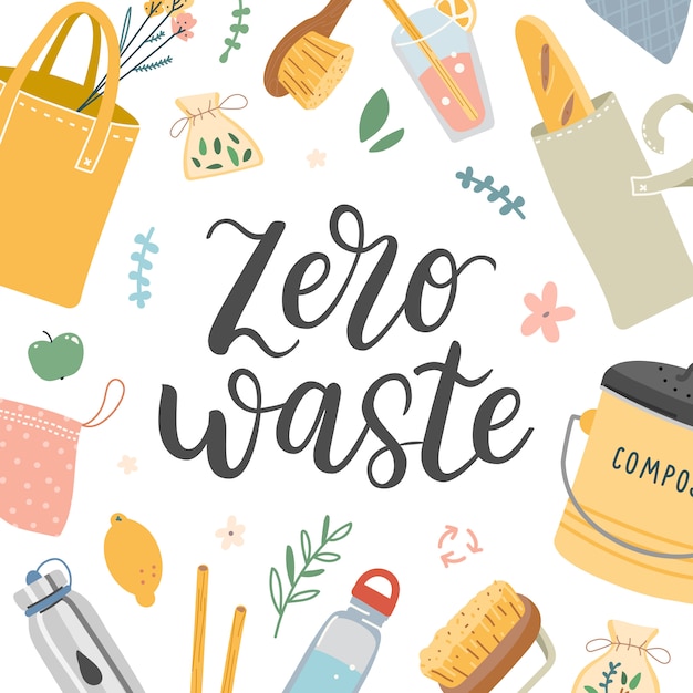 Zero waste banner met belettering en illustratie