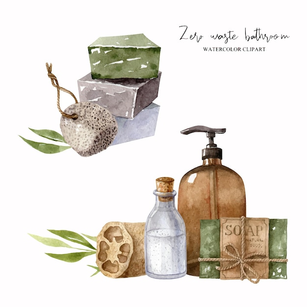 Zero waste bathroom accessories vector watercolor set ecofriendly lifestyle illustration