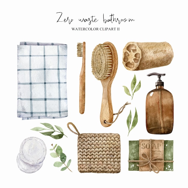 Zero waste bathroom accessories watercolor vector set linen towel wooden massage brush soap