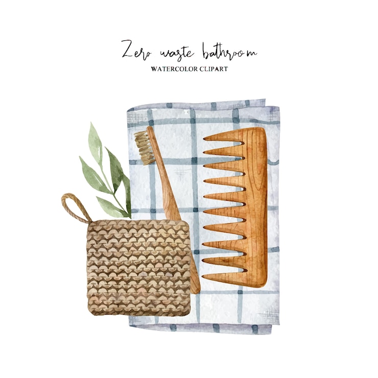 Vector zero waste bathroom accessories wooden comb jute washcloth linen towel vector clipart