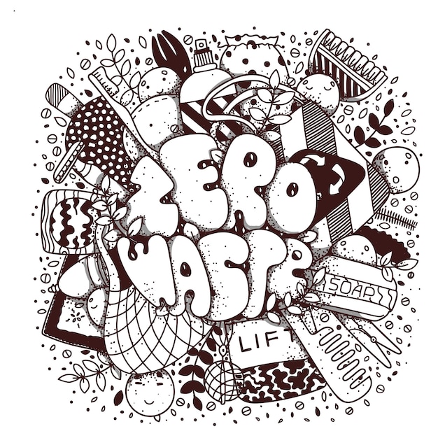 Zero waste belettering doodle stijl vectorillustratie.