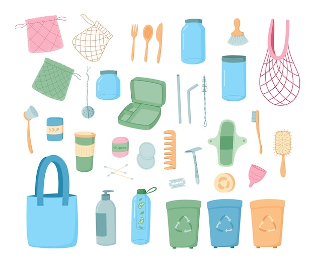 廃棄物ゼロの漫画の製品とコンテナーの再利用可能なバッグ缶とカップ ベクトル分離セット