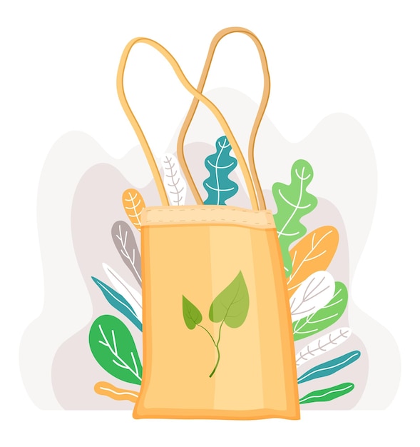 Vector zero waste collection eco concept no trash life eco bag on a background of large green leaves